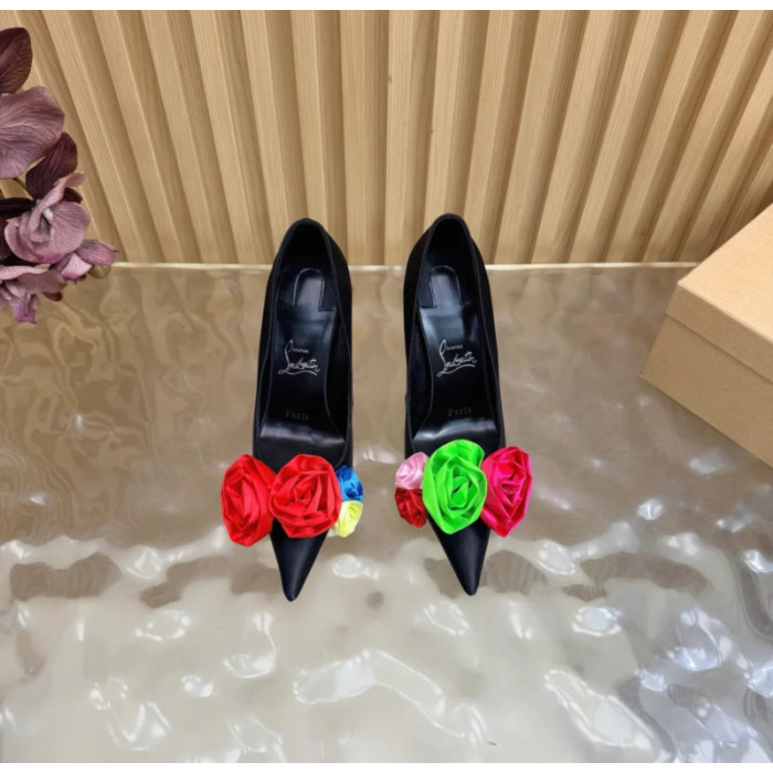 Christian Louboutin Black Satin Multicolor Fabric Flower 100mm Stiletto Heel Pumps