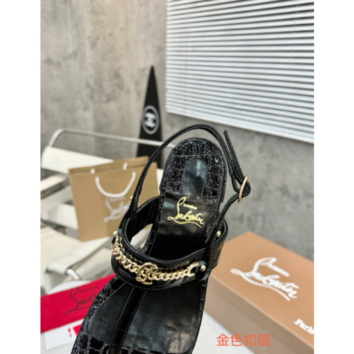 Christian Louboutin Black Croc‑Embossed 45mm Block Heel Thong Sandals