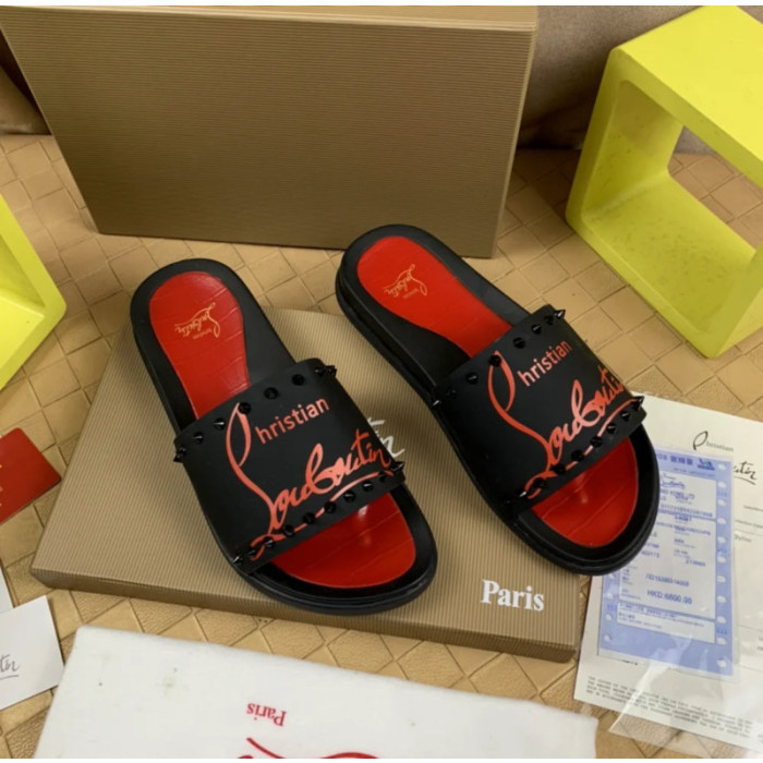 Christian Louboutin Black Red Logo‑Print Spiked Slide Sandals Red Footbed