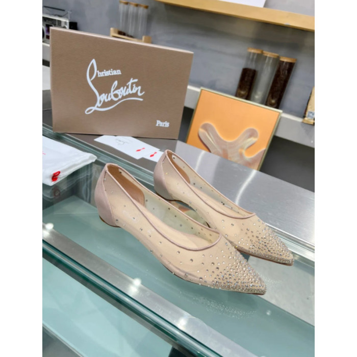 Christian Louboutin Nude Mesh Crystal‑Dot Flat Pointed Pump
