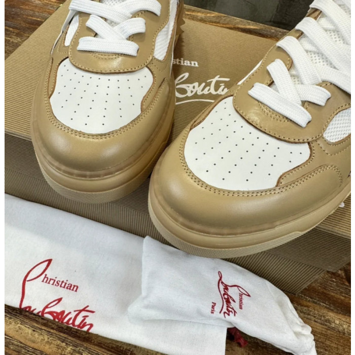 Christian Louboutin Tan‑White Leather Mesh Spiked Platform Low‑Top Sneakers
