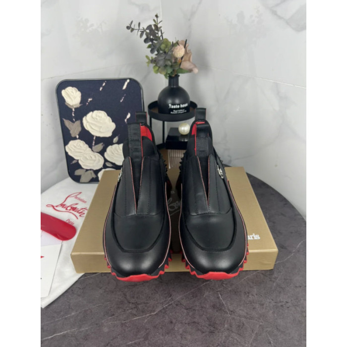Christian Louboutin Black Slip‑On Sneakers Red Zigzag Sole Spiked Heel
