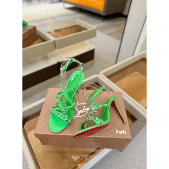 Christian Louboutin Green Patent Studded Ankle‑Strap Stiletto Heel Sandals 120mm heel