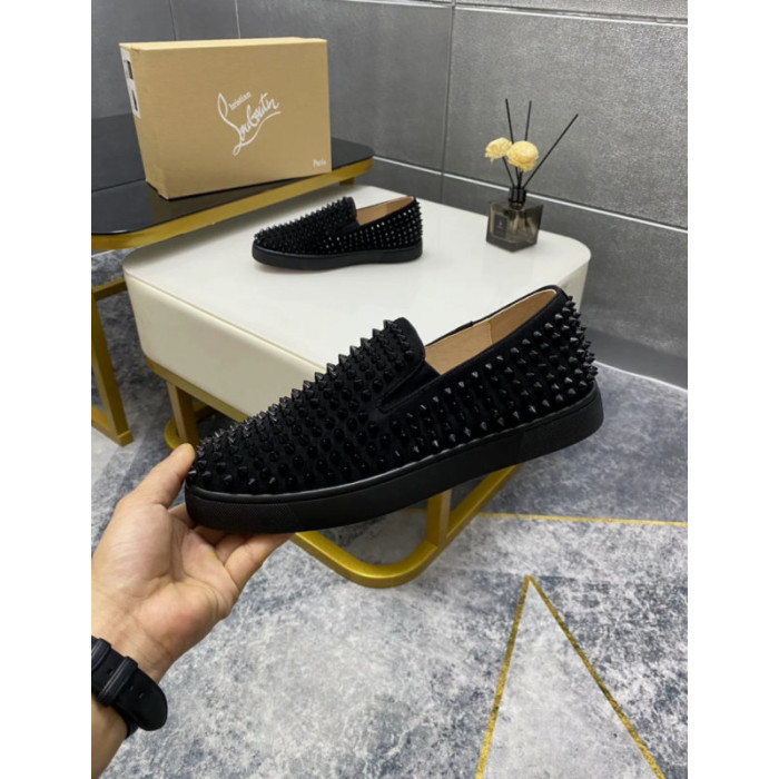 Christian Louboutin Black Suede All‑Over Spiked Slip‑On Loafers