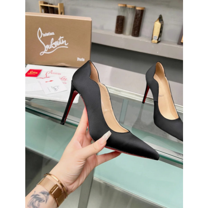 Christian Louboutin Black Satin Scalloped Pointed‑Toe 100mm High Heel Pumps