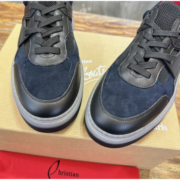 Christian Louboutin Navy‑Black Suede Mesh Spiked Platform Low‑Top Sneakers