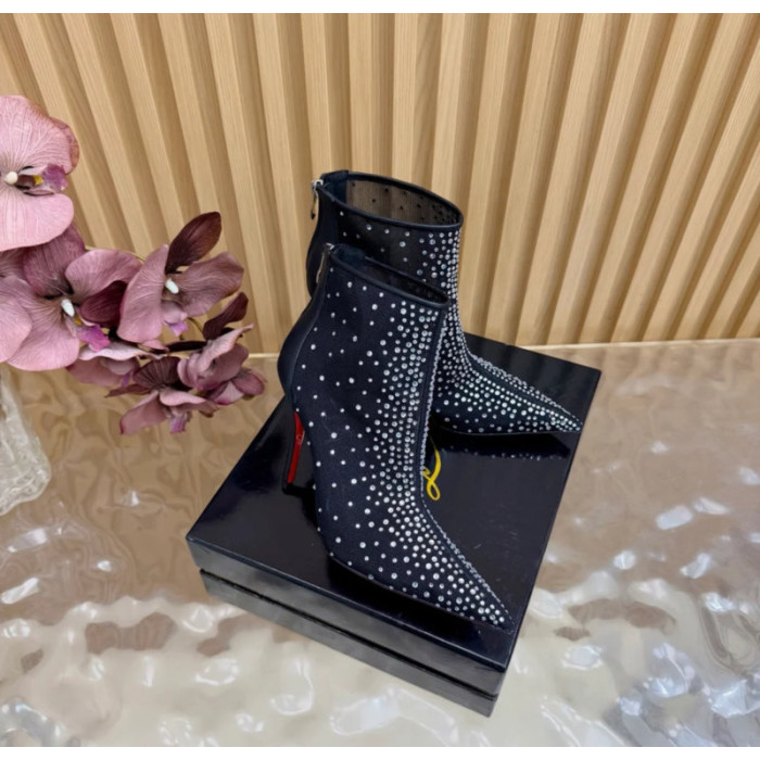 Christian Louboutin Black Mesh 100mm Crystal‑Embellished Pointed Toe Stiletto Heel Ankle Boots