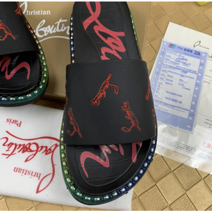 Christian Louboutin Black Logo‑Print Slides Rainbow Crystal‑Trimmed Sole