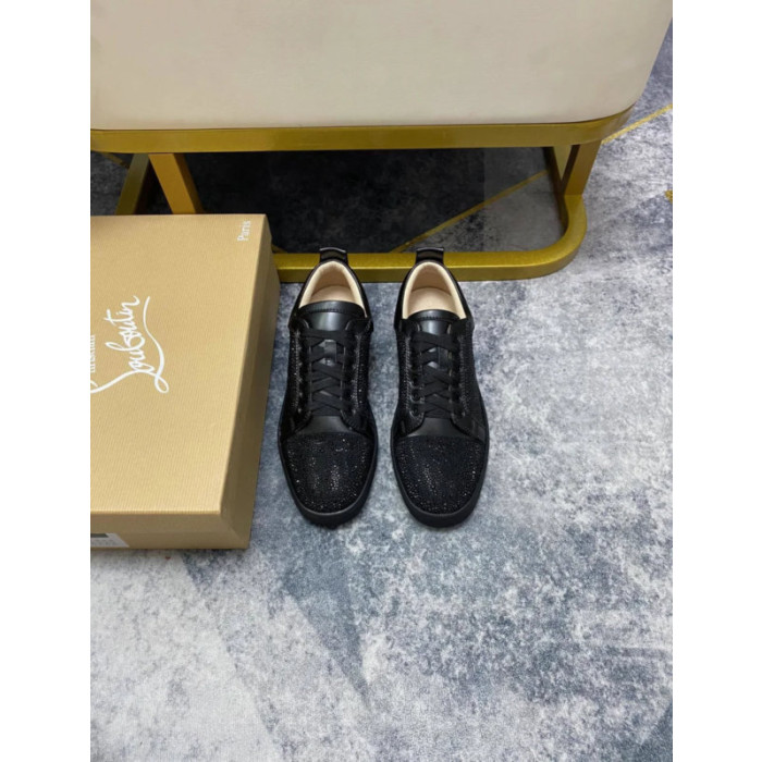 Christian Louboutin Black Leather Jet Crystal‑Encrusted Low‑Top Sneakers