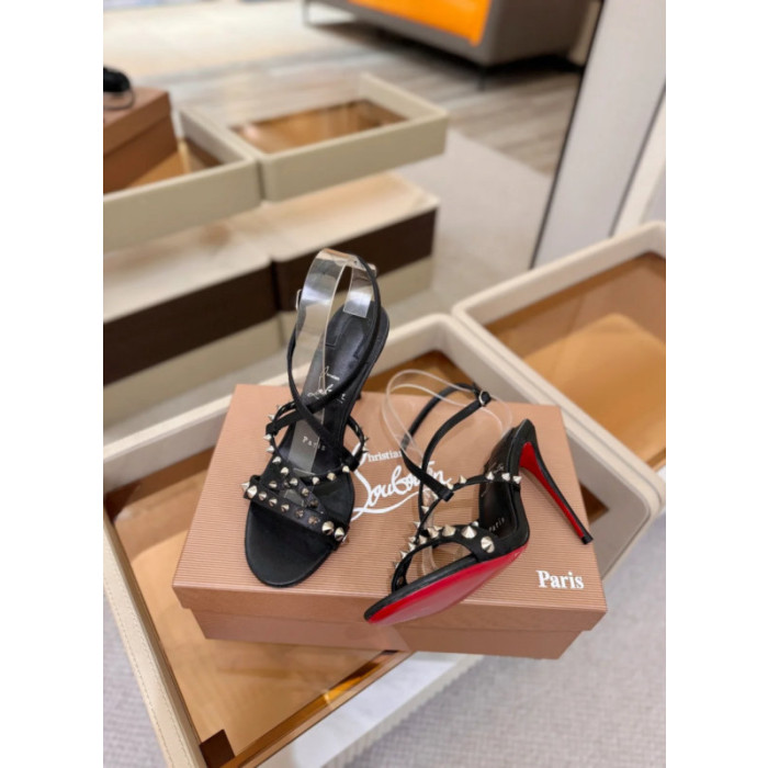 Christian Louboutin Black Leather Studded Crisscross Slingback High Heel Sandals