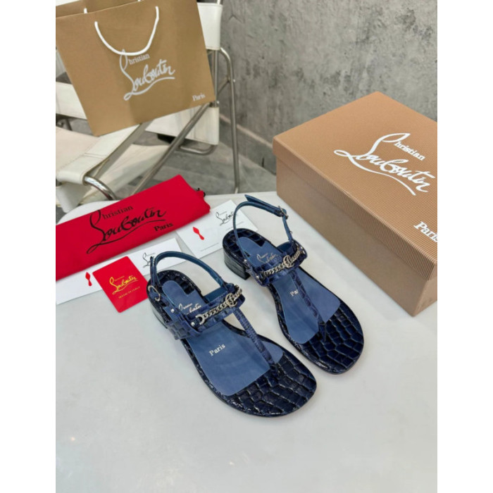Christian Louboutin Navy Croc‑embossed Leather Block Heel Thong Sandal
