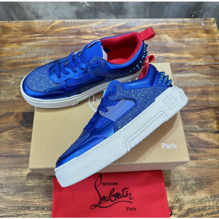 Christian Louboutin Blue Satin Crystal Spiked Low‑Top Sneakers