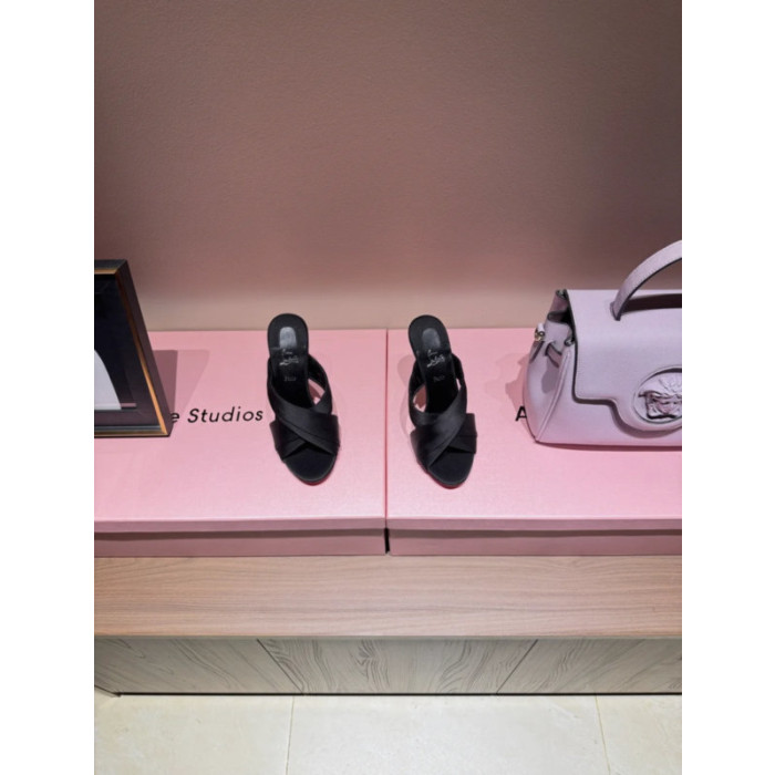 Christian Louboutin Black Satin Crisscross Mule Sandals Ruched Sculptural Heel 100mm heel