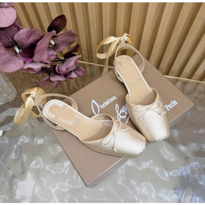 Christian Louboutin Ivory Satin Bow Ankle‑Tie Slingback Ballet Flats