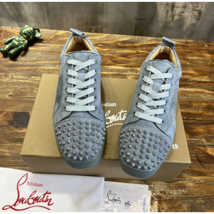 Christian Louboutin Dusty Blue Suede Spiked Low‑Top Men’s Sneakers
