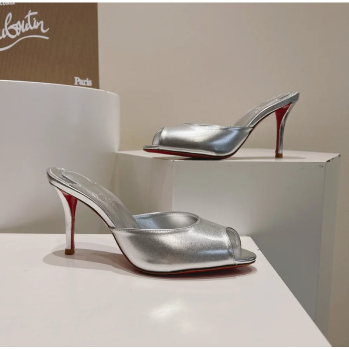 Christian Louboutin Silver Metallic Peep‑Toe Stiletto Heel Mules