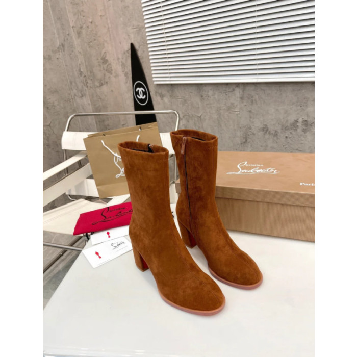 Christian Louboutin Cognac Suede Side‑Zip Block‑Heel Ankle Boots 85mm heel