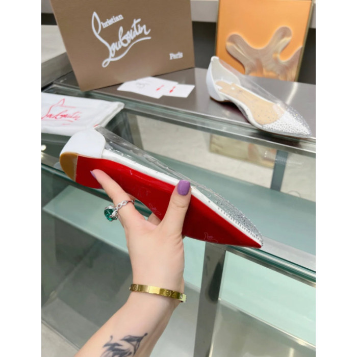 Christian Louboutin Clear PVC White Crystal Pointed‑Toe Flat Pumps