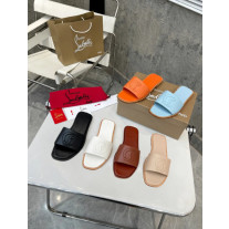 Christian Louboutin Sky‑Blue Leather Stitched Logo Wood‑trim Flat Slide