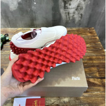 Christian Louboutin White Leather Red‑Trim Spiked Slip‑On Sneakers