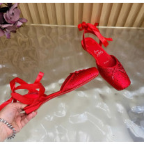 Christian Louboutin Red Satin Crystal‑Embellished Ankle‑Tie Ballet Flats