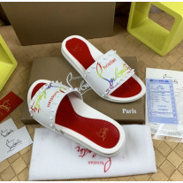 Christian Louboutin White Rainbow‑Logo Spiked Slip‑On Slide Sandals