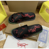 Christian Louboutin Black Logo‑Print Slides Rainbow Crystal‑Trimmed Sole