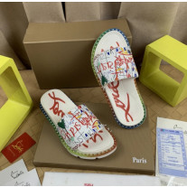 Christian Louboutin White Graffiti‑Print Slides Rainbow Crystal‑Trimmed Sole