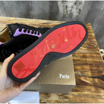 Christian Louboutin Black Glitter Holographic Purple‑Accent Black‑Spiked Low‑Top Sneakers