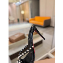 Christian Louboutin Black Patent Studded Crisscross Mule High Heel Sandals 100mm heel