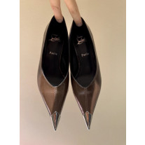 Christian Louboutin Brown Patent Metal‑Tip Pointed Toe Kitten Heel Pumps
