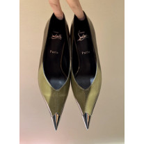 Christian Louboutin Taupe Patent 55mm Metal‑Tip Pointed Toe Kitten Heel Pumps