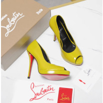 Christian Louboutin Lady Z 120 Yellow Patent Peep‑Toe Platform Stiletto Heel Pumps