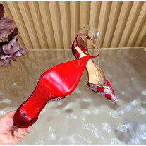 Christian Louboutin Red Satin Checkered Crystal‑Embellished 100mm Stiletto Heel Ankle‑Strap Pumps