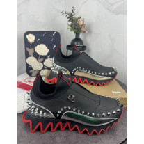 Christian Louboutin Black Silver‑Spiked Slip‑On Sneakers Red Shark‑Tooth Sole