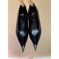 Christian Louboutin Black Patent Metal‑Tip Pointed Toe Kitten Heel Pumps
