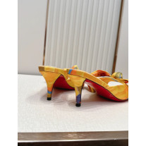 Christian Louboutin Yellow Floral Satin 70mm Bow Heel Mule Sandals