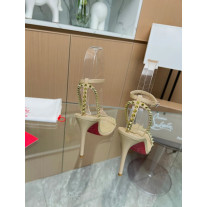 Christian Louboutin Beige Leather Gold‑Spiked Ankle‑Strap Sandal 100mm heel