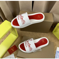 Christian Louboutin White Slide Sandals With Red Embossed Signature Logo