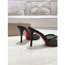Christian Louboutin Black Mesh 85mm Crystal‑Embellished Peep‑Toe Slide Stiletto Heel Mules