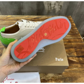 Christian Louboutin White Perforated Leather Green‑Accent White‑Spiked Low‑Top Sneakers