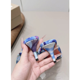 Christian Louboutin Blue Watercolor‑Print Satin Bow Mule Kitten Heel Sandals 55mm heel