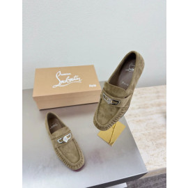 Christian Louboutin Khaki Suede Metal‑Accent Slip‑On Loafers