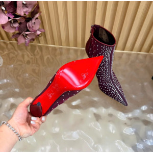 Christian Louboutin Burgundy Mesh Crystal‑Embellished 120mm Pointed‑Toe Stiletto Heel Ankle Boots