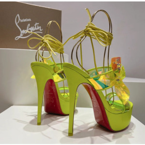 Christian Louboutin Neon Yellow Patent Iridescent Crystal‑Flower 150mm Platform Ankle‑Tie Sandals