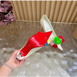 Christian Louboutin Off‑White Satin Multicolor Fabric Flower 100mm Stiletto Heel Pumps