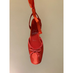 Christian Louboutin Red Satin Bow Tie‑Ankle Flat Ballet Sandals