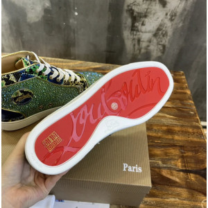 Christian Louboutin Green Crystal‑Embellished Snake‑Print High‑Top Sneakers