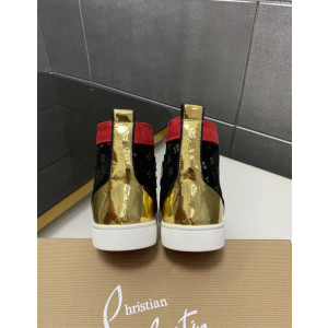 Christian Louboutin Black Printed Suede Red‑Trim Gold‑Spiked High‑Top Sneakers