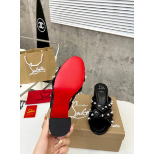 Christian Louboutin Black Leather Studded 55mm heel Slide Sandals